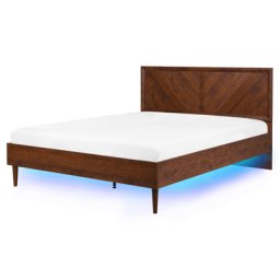 Bett Braun 160 x 200 cm Holzoptik Mit Lattenrost und Led Beleuchtung Schlichte Linie Stabiles Gestell Klassisch