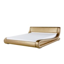 Wasserbett Leder Gold 160 x 200 cm Geschwungene Form Wärmedämmung für Dual System mit Wasserbettmatratze Silberne Füße Modern