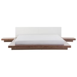 Bett Weiß / Braun Kunstleder und MDF-Platten Holzoptik mit Lattenrost 180x200 cm 2 Nachttische Japanischer Stil Schlafzimmer Doppelbett