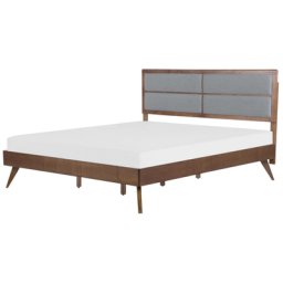 Holzbett Dunkelbraun / Grau Gummibaumholz mit Lattenrost 180 x 200 cm Kopfteil mit Grauer Polsterung Klassisch Schlafzimmer Doppelbett