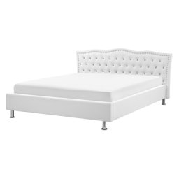 Bett Kunstleder Weiß 160 x 200 cm Mit Lattenrost Geschwungene Kopfteil Dekorative Steppnähten Knopfverzierung Romantisch Klassisch