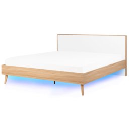 Bett Hellbraun und Weiß MDF-Platten Holzoptik mit Lattenrost 180 x 200 cm Kopfteil LED-Beleuchtung Skandi Klassisch Schlafzimmer Doppelbett