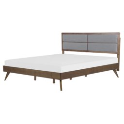 Holzbett Dunkelbraun / Grau Gummibaumholz mit Lattenrost 160 x 200 cm Kopfteil mit Grauer Polsterung Klassisch Schlafzimmer Doppelbett