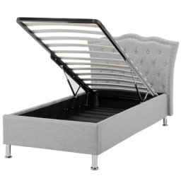 Polsterbett 90 x 200 cm Grau Leinenoptik Stoffbett Mit Bettkasten Hochklappbar Elegant Romantisch