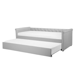 Tagesbett Ausziehbett Hellgrau 80 x 200 cm Ausziehbar Polsterbezug Leinenoptik Mit Lattenrost Knopfverzierung Praktisch Modern