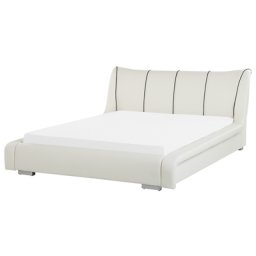 Lederbett Weiß 160 x 200 cm Mit Lattenrost Gschwungene Form Gepolstertes Kopfteil in Leinenoptik Ziernähten Modern