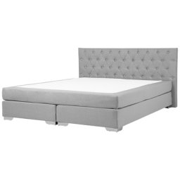 Doppelbett Polsterbezug Grau 180 x 200 cm Leinenoptik Mit Matratze Stilvolle Versteppung Modern