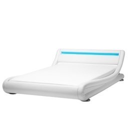 Wasserbett Leder Weiß 160 x 200 cm mit LED Beleuchtung Geschwungene Form Hohe Kopfteil Wärmedämmung für Dual System Modern