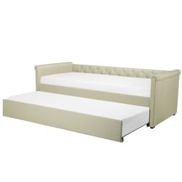 Tagesbett Ausziehbett Beige 80 x 200 cm Ausziehbar Polsterbezug Leinenoptik Mit Lattenrost Knopfverzierung Praktisch Modern