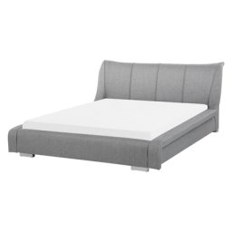 Lederbett Grau 160 x 200 cm Mit Lattenrost Gschwungene Form Gepolstertes Kopfteil in Leinenoptik Ziernähten Modern