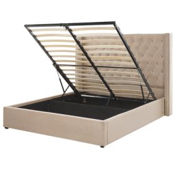 Bett mit Bettkasten Beige Gepolstert 160 x 200 cm Lattenrost Hohes Kopfteil Knopfheftung Nieten Retro Klassisch Schlafzimmer