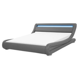 Lederbett Grau 160 x 200 cm LED Beleuchtung mit Lattenrost Hohe Kopfteil Geschwungene Formgebung Silberne Füße Modern