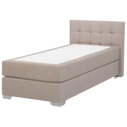 Einzelbett Beige 90 x 200 cm Leinenoptik Mit Lattenrost Dekorative Kopfteil Knopfverzierung Quadratischen Steppnähte Modern