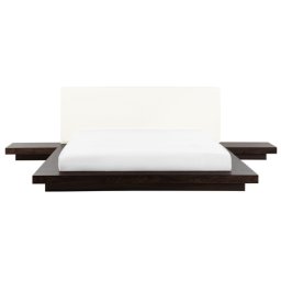 Bett Weiß / Dunkelbraun Kunstleder und MDF-Platten Holzoptik mit Lattenrost 180x200 cm 2 Nachttische Japanischer Stil Schlafzimmer Doppelbett