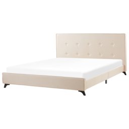 Polsterbett Leinenoptik Beige 180 x 200 cm Mit Lattenrost Hohe Kopfteil Zierknöpfen Elegante Holzfüße Klassisch