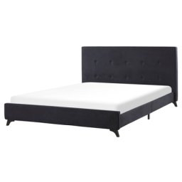 Bett Polsterbett Schwarz 160 x 200 cm Leinenoptik Doppelbett Zierknöpfen Elegante Holzfüße Klassisch