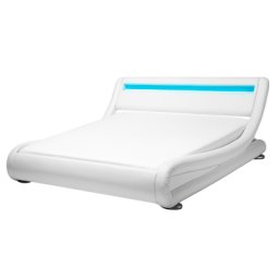 Bett Weiß 140 x 200 cm Kunstleder LED Beleuchtung Geschwungene Form Gepolsterte Kopfteil Elegant Modern