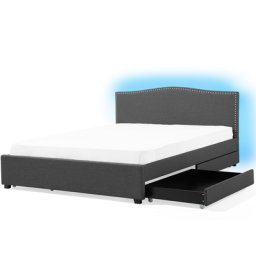 Polsterbett Grau 180 x 200 cm 4 Schublade Leinenoptik Mit Bettkasten LED Beleuchtung Verziehrte Kopfteil Klassisch