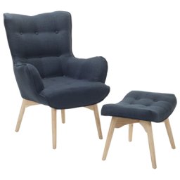 Ohrensessel Dunkelblau Hocker Polsterbezug Gummibaumholz Wohnzimmer Skandinavischer Stil