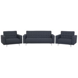 Sofa Set Grau Polsterbezug mit zwei bequemen Sesseln gestepptes Muster silberne Beine Wohnzimmer Modernes Design