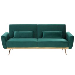 Sofa Grün Samtstoff 3-Sitzer Schlaffunktion Retro Design Zierkissen Wohnzimmer