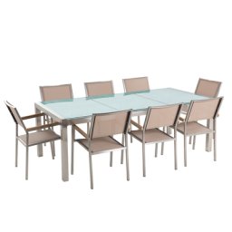 Gartenmöbel Set Beige Sicherheitsglas Edelstahl Tisch 220 cm 8 Stühle Terrasse Outdoor Modern