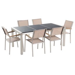 Gartenmöbel Set Schwarz Beige Granit Edelstahl Tisch 180 cm Poliert 6 Stühle Terrasse Outdoor Modern
