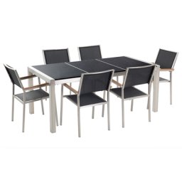 Gartenmöbel Set Schwarz Granit Edelstahl Tisch 180 cm Poliert 6 Stühle Terrasse Outdoor Modern