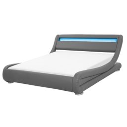 Bett Kunstleder Grau 140 x 200 cm Mit integrierter LED Beleuchtung Geschwungene Formgebung Luxuriöse Ausstrahlung Modern