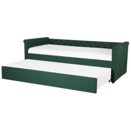 Tagesbett Ausziehbett Grün 90 x 200 cm Ausziehbar Polsterbezug Leinenoptik Mit Lattenrost Knopfverzierung Praktisch Modern