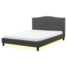 Polsterbett Grau 160 x 200 cm LED Beleuchtung Leinenoptik Mit Lattenrost Verziehrte Kopfteil Klassisch