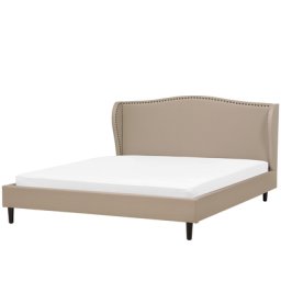 Polsterbett Beige 160 x 200 cm Leinenoptik Mit Lattenrost Geschwungene Klappen Metallverzierung Klassisch