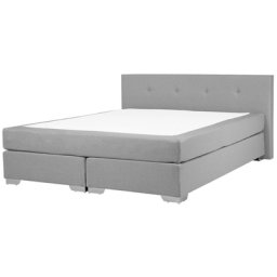 Doppelbett Polsterbezug Grau 180 x 200 cm Leinenoptik Mit Matratze Klassisch