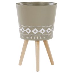 Blumenbehälter Taupe Magnesium ⌀ 35 cm Beine aus Buchenholz weißes Muster handgemalt Dekorativ Innen- und Außenbereich