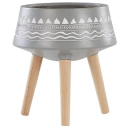 Blumenbehälter Hellgrau ⌀ 31 cm aus Magnesium mit weißem handgemaltem Muster und 3 Beinen aus Buchenholz Rund Boho Innen- und Außenbereich