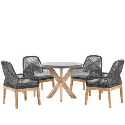 Gartenset Tisch 90 cm rund 4 Stühle Faserzement Akazienholz-Gestell rustiklaler Look Gartenausstattung Gartenmöbel Garten und Terrasse
