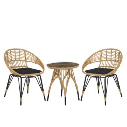 Balkonset Hellbraun Rattan Schwarzes Metall-Gestell Tisch mit Glasplatte 2 Sessel mit Sitzkissen Schwarz Terrasse Ausstattung Möbel Boho