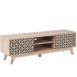 TV Möbel Braun / Heller Holzfarbton MDF Platte 45 x 140 x 40 cm Regal Schrank Retro Elegant Schwarzes Geometrisches Muster Multifunktional