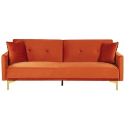 Sofa Orange Samtstoff 3-Sitzer Schlaffunktion Klassisch Glamour Zwei Zierkissen Wohnzimmer