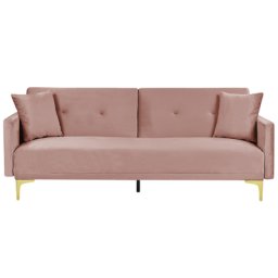 Sofa Rosa Samtstoff 3-Sitzer Schlaffunktion Klassisch Glamour Zwei Zierkissen Wohnzimmer