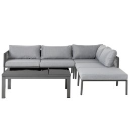 Lounge Set Schwarz Aluminium inkl. Auflagen Grau Polyester 6-Sitzer mit hochklappbarem Couchtisch Terrasse Outdoor Modern
