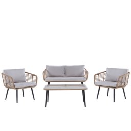 Gartenmöbel Set Natürlich Rattan Stahlgestell in Schwarz rechteckiger Tisch Sicherheitsglas Auflagen Hellgrau 4-Sitzer Terrasse Outdoor Modern