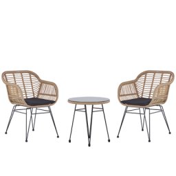Balkonset Natürlich Rattan 2 Sessel mit Armlehnen Runder Tisch Sicherheitsglas Auflagen Schwarz Stahlgestell Terasse Balkon Garten Boho