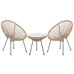 Balkonset Natürlich Polyrattan Beistelltisch mit 2 Stühlen Spaghetti-Optik Modern Mexikanischer Stil Outdoor Balkon Terrasse Garten Möbel