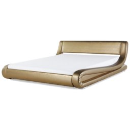 Wasserbett Leder Gold 180 x 200 cm mit LED Beleuchtung Geschwungene Form Hohe Kopfteil Wärmedämmung für Dual System Modern
