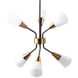 Hängeleuchte Gold Metall Weiß Glas 6-flammig mit Schirmen in Trichterform Industrie Look