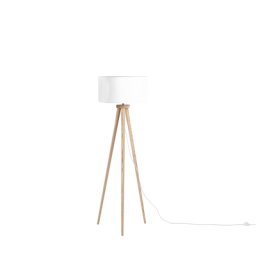 Stehlampe Weiß Holz 140 cm Dreibeinig runder Stoffschirm langes Kabel mit Schalter Modernes Design