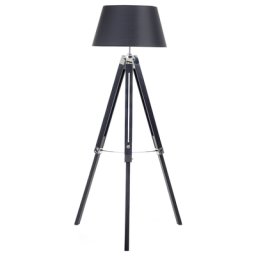 Stehlampe Schwarz Holz 143 cm Stoffschirm Dreibeinig Holzstativ höhenverstellbar langes Kabel mit Schalter Modernes Design
