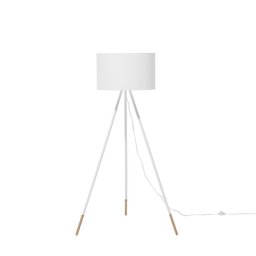 Stehlampe Weiß Holz und Metall 157 cm runder Stoffschirm Dreibeinig langes Kabel mit Schalter Skandinavischer Stil