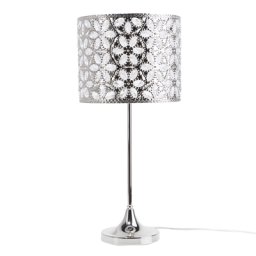 Tischlampe Silber Metall 58 cm Schirm mit Kristallen aus Acrylglas Blumenmuster langes Kabel mit Schalter Glamouröser Stil